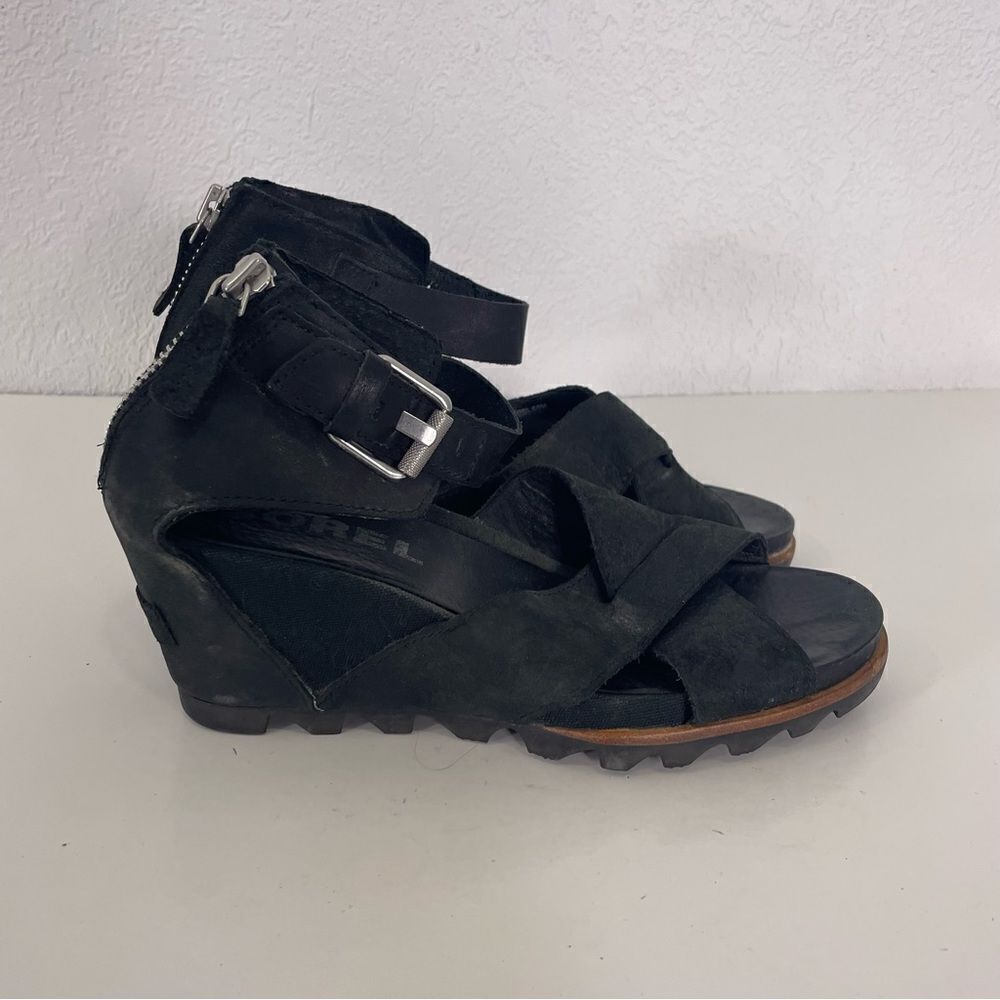 Sorel‎ Black Leather and Suede Wedge Sandals Women’s 8.5